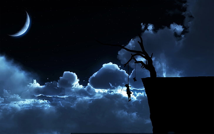 sad, artwork, night, suicide, sky, clouds, Moon, cloud - sky