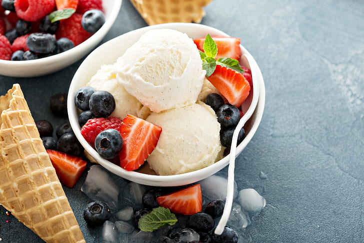 strawberries, fruit, ice cream, HD wallpaper