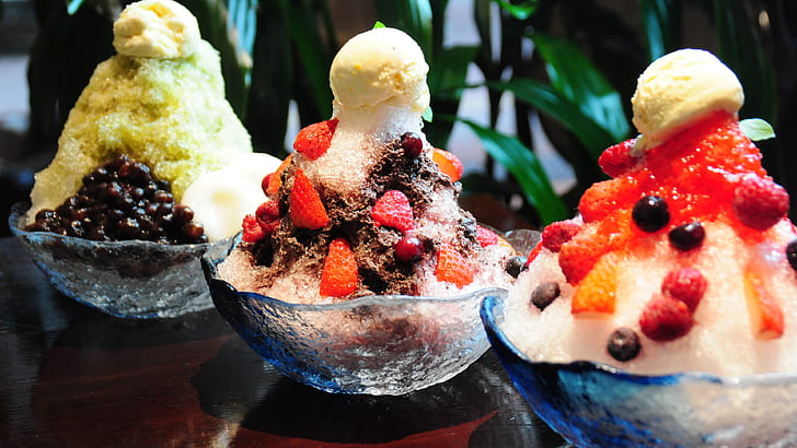Delicious shaved ice, cream, dessert, summer food, strawberries, HD wallpaper