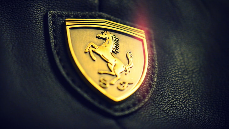 gold-colored horse embossed emblem, Ferrari, symbols, logo, close-up