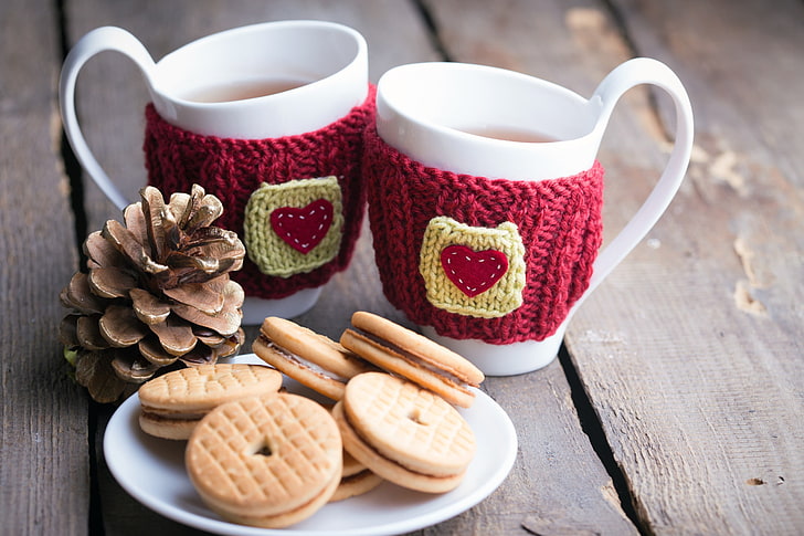biscuits and two white ceramic mugs, cup, food, tea, beverages, HD wallpaper