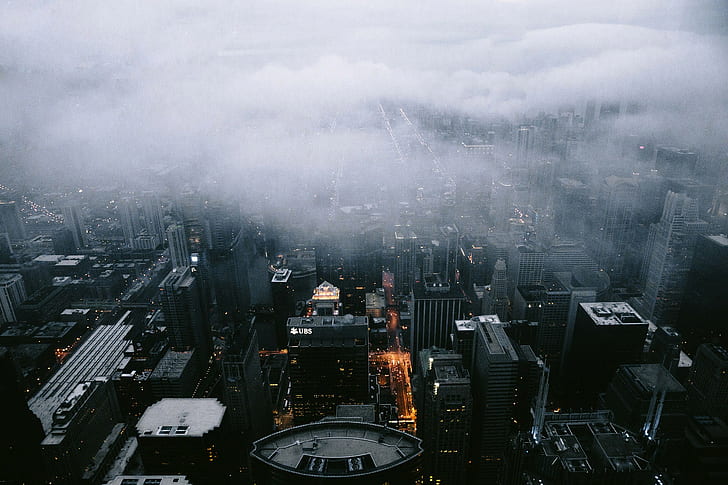 Chicago fog, aerial photo of city, Clouds, Landscape, Architecture, HD wallpaper