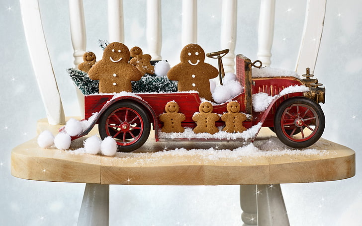 New Year, snow, gingerbread, chair, cookies, old car, christmas, HD wallpaper