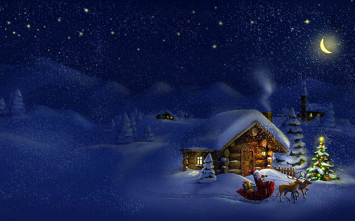 Merry Christmas And Happy New Year Village Santa Sleigh With Reindeer Gifts For Children Sky With Stars Younger Months Christmas Wallpaper Hd 2880×180, HD wallpaper