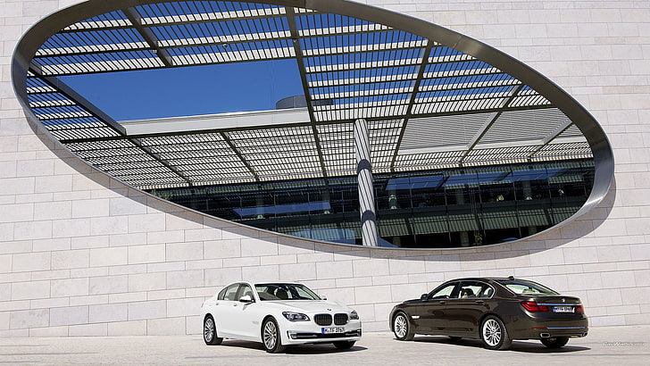 two black and white sedans, BMW 7, car, vehicle, built structure