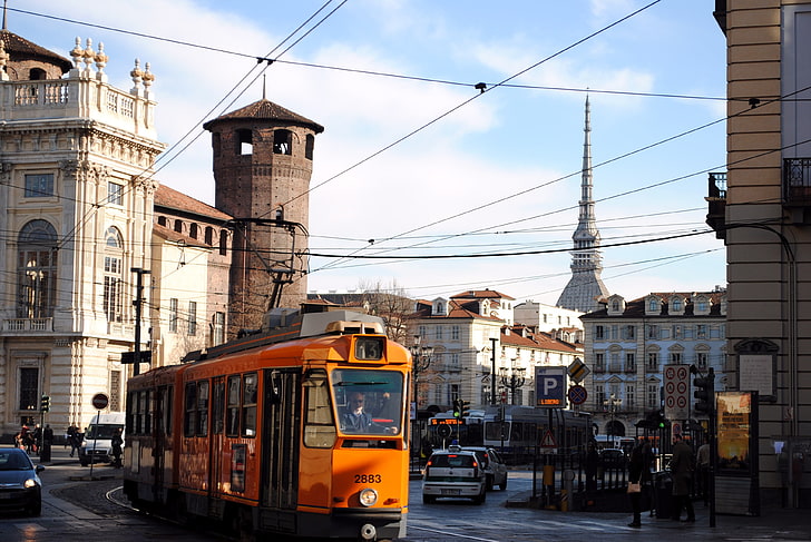 yellow and black train, Torino, tram, Italy, architecture, city