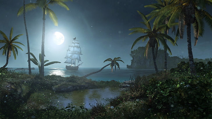 galleon ship on the body of water near island wallpaper, Assassin's Creed