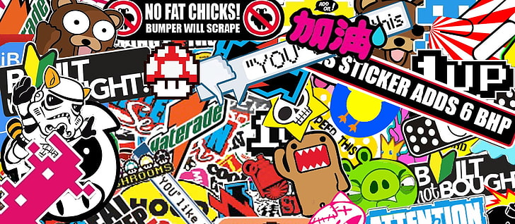 assorted stickers, Sticker Bomb, sticks, bombs, multi colored, HD wallpaper