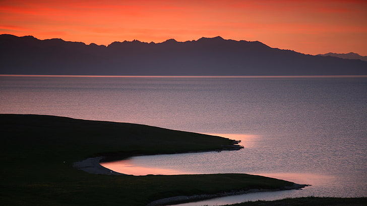 lake, orange sky, sunrise, dawn, morning, shore, landscape, HD wallpaper