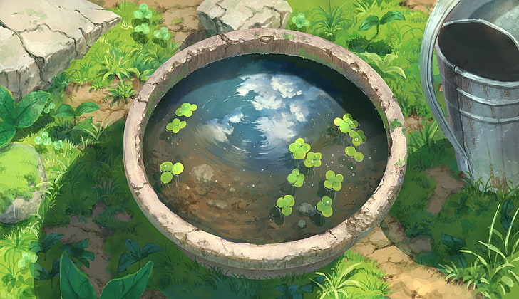 round gray pond, water, reflection, grass, bucket, artwork, digital art