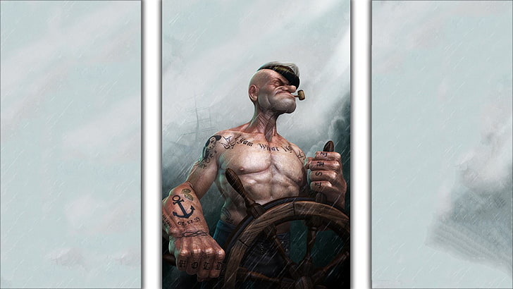 Popeye, shirtless, architecture, glass - material, window, art and craft