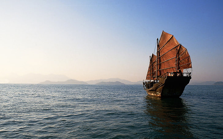brown wooden sailboat, sea, China, water, nautical vessel, transportation