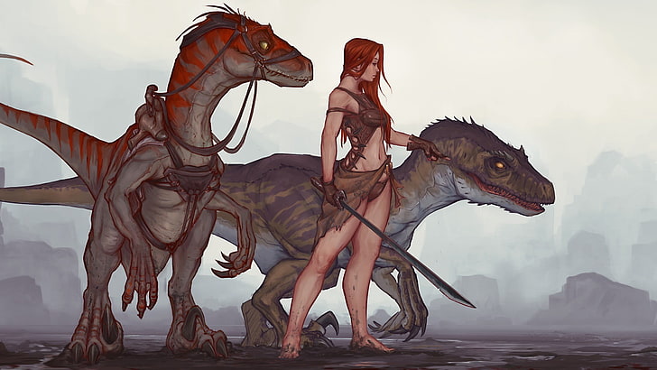 woman and dragon illustration, raptor, Ark: Survival Evolved