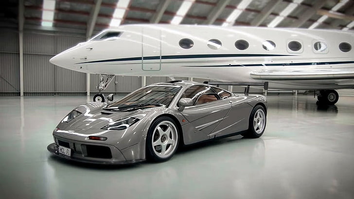 silver-colored BMW sedan, vehicle, sports car, McLaren F1, airplane, HD wallpaper
