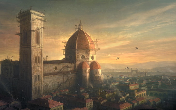 red and grey cathedral, artwork, Florence, Assassin's Creed, video games