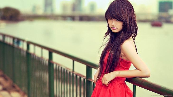 women's red strapless dress, model, Asian, red dress, brunette