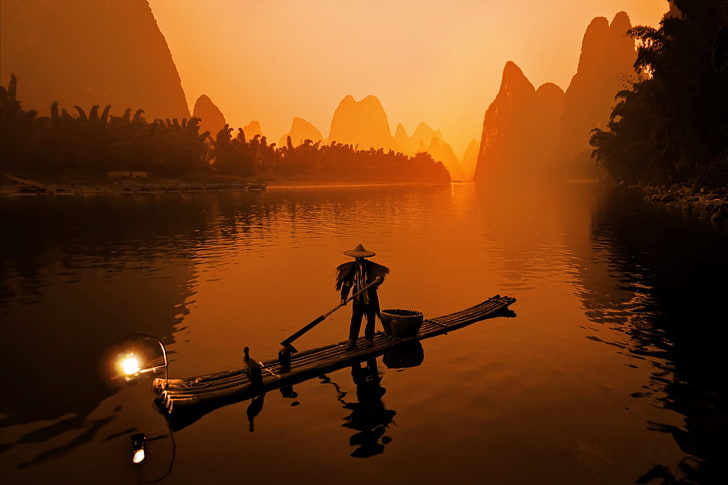 man sailing boat digital wallpaper, nature, landscape, China, HD wallpaper