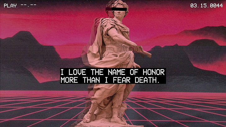 gray statue with text overlay screenshot, vaporwave, Roman, Greek
