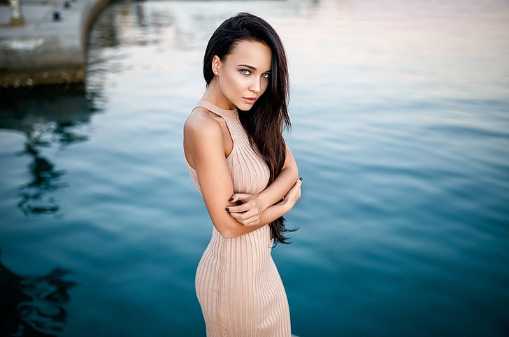 Angelina Petrova, women, model, brunette, dress, portrait, painted nails, HD wallpaper