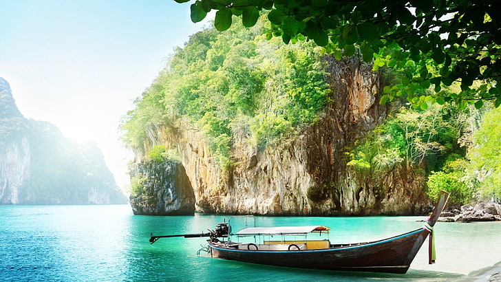 Thailand, sea, water, island, boat, ship, trees, rocks, beach, HD wallpaper