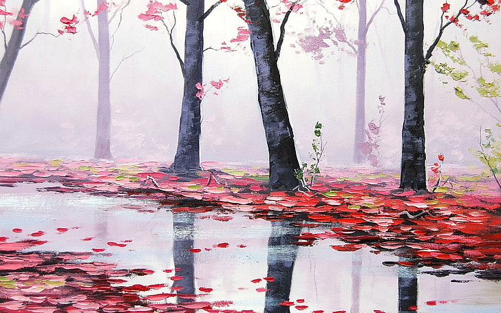 body of water between red flowers and trees artwork, nature, rain