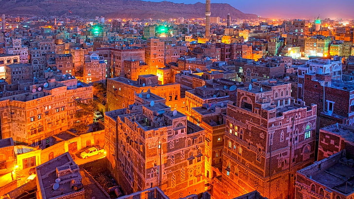 yemen, city lights, sanaa, cityscape, architecture, building exterior, HD wallpaper