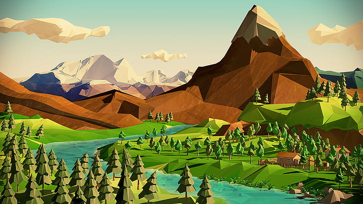 Polygon Art Landscape Mountains Trees River HD, digital/artwork