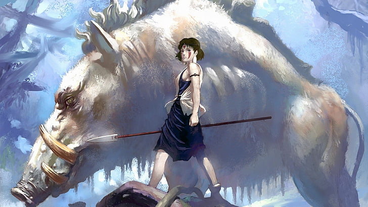 woman and wild boar painting, Studio Ghibli, Princess Mononoke, HD wallpaper