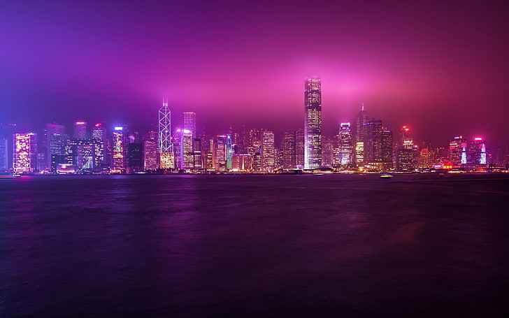 cityscape, building, lights, sea, Victoria Harbour, Hong Kong, HD wallpaper