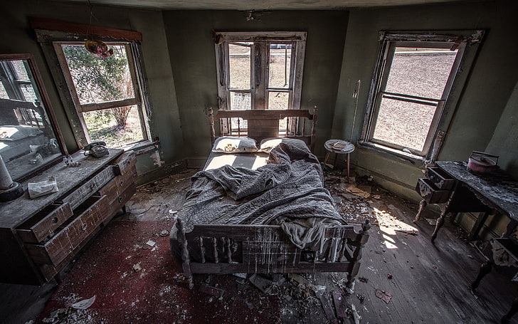 clear glass sash windows, interior, HDR, bed, room, abandoned
