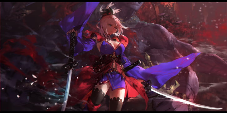 anime girls, Fate/Grand Order, sword, katana, Miyamoto Musashi (fate/grand order), HD wallpaper