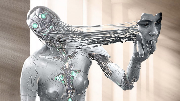 robot illustration, digital art, women, artwork, 3D, face, cyborg