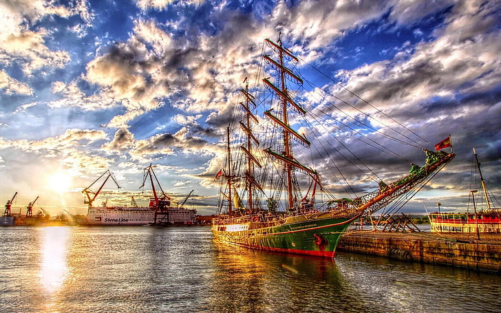 green and brown galleon, sailing ship, HDR, nautical vessel, transportation