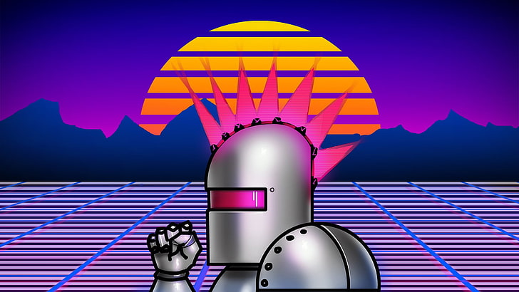 gray knight illustration, Neon Lazer Mohawk, 1980s, retro games