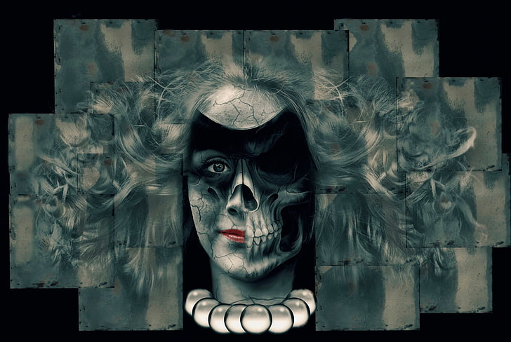 HD wallpaper: digital art, skull, face, women, long hair, square, pearl  necklace | Wallpaper Flare