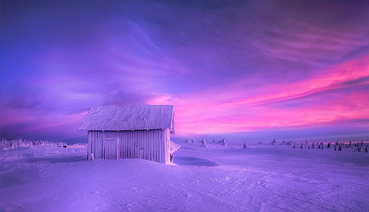 nature, landscape, hut, snow, winter, sky, Norway, cold, frost