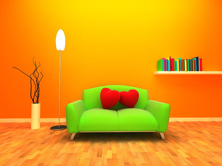 green padded 2-seat sofa, heart, room, 3d graphics, orange background, HD wallpaper