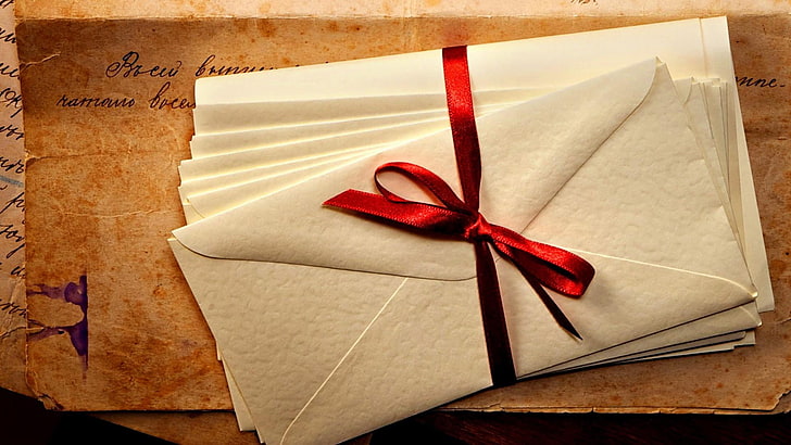 vintage, envelopes, paper, ribbon, bow, letter, tied bow, red, HD wallpaper