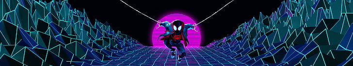 Spider-Man, into the spiderverse, neon, wide angle, multiple display, HD wallpaper