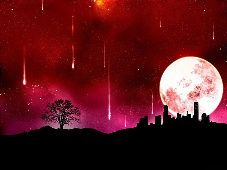 full moon illustration, red, shooting stars, digital art, cityscape