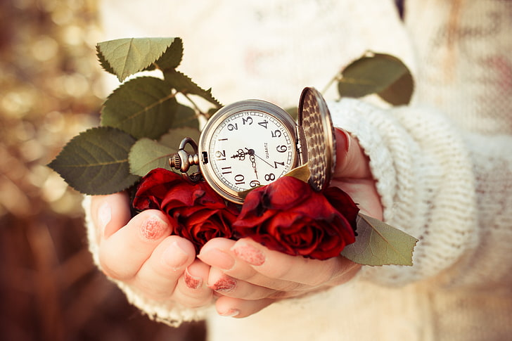 gold-colored pocket watch, leaves, time, roses, hands, dial, sweater, HD wallpaper