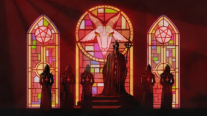 red and yellow stained wall, Lucifer, church, Papa Emeritus, ghost, HD wallpaper