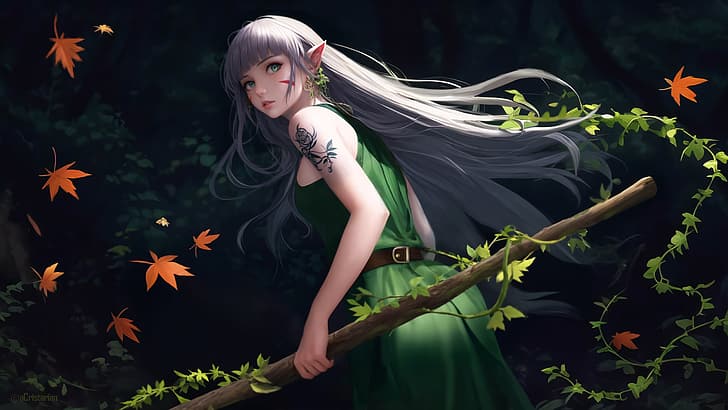forest, elven, green dress, leaves, anime girls, HD wallpaper