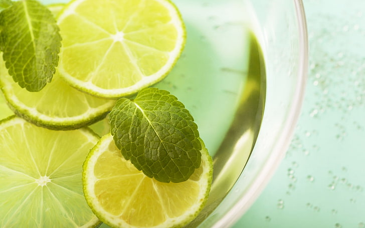 lime juice, lemonade, mint, segments, leaves, citrus Fruit, freshness