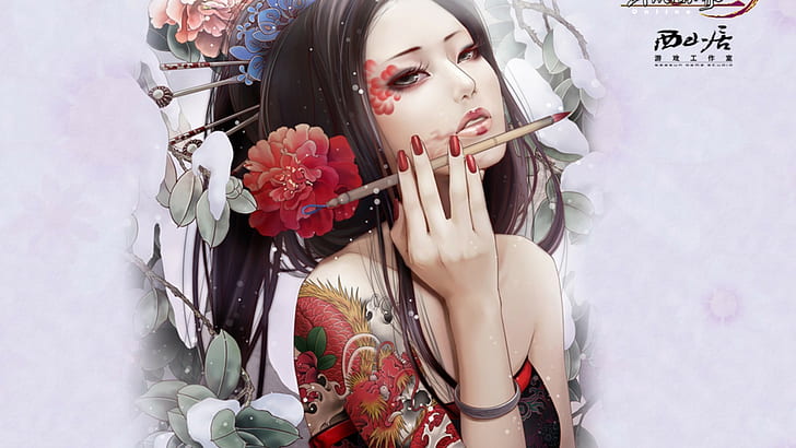 tattoo, hair ornament, anime girls, painted nails, Jx Online, HD wallpaper