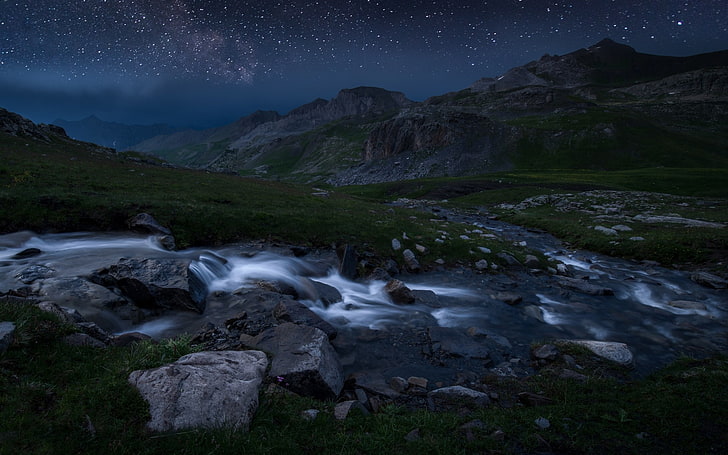 landscape, nature, starry night, sky, mountains, river, grass, HD wallpaper