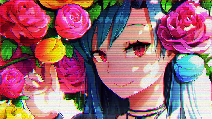 female anime character, anime girls, red eyes, glitch art, flowers, HD wallpaper