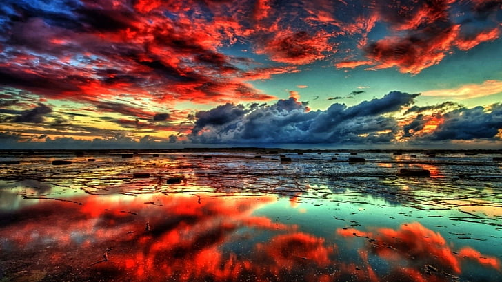 lake, red sky, clouds, nature, waterscape, reflection, red clouds, HD wallpaper