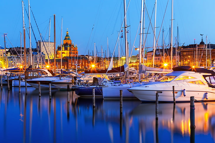 white speedboats, yachts, port, night city, harbour, Finland, HD wallpaper