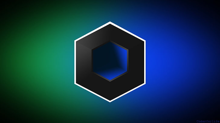 black and white hexagon logo, cube, abstract, blue, green, blurred, HD wallpaper